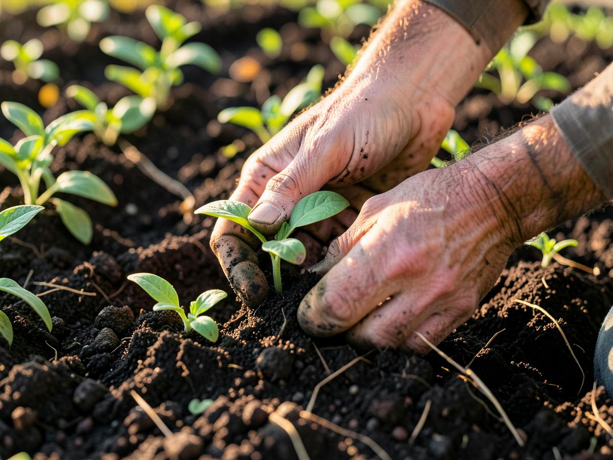 Jardinero de Verdania plantando en tierra oscura en un jardín mediterráneo