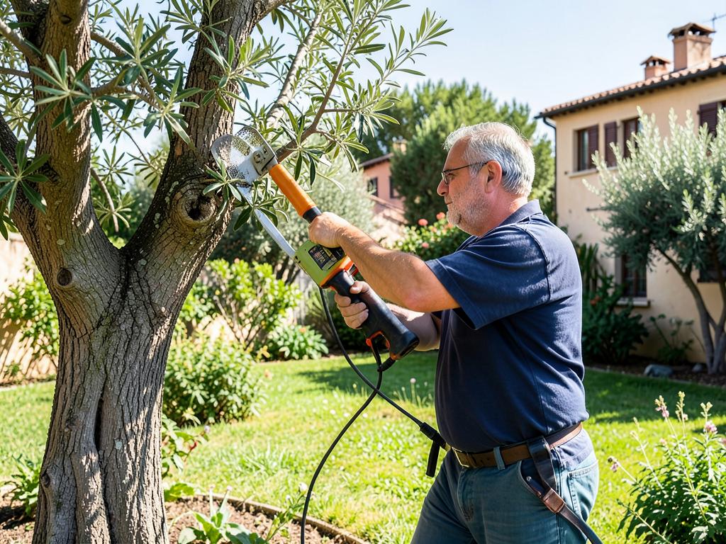 Jardinero podando un olivo con herramienta profesional