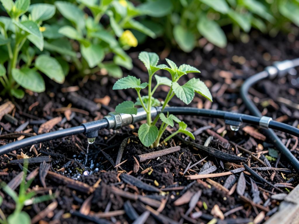 Sistema de riego por goteo instalado en un macizo recién plantado