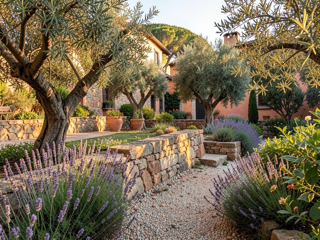 Jardín mediterráneo con olivos, lavanda y muro de piedra en Granada