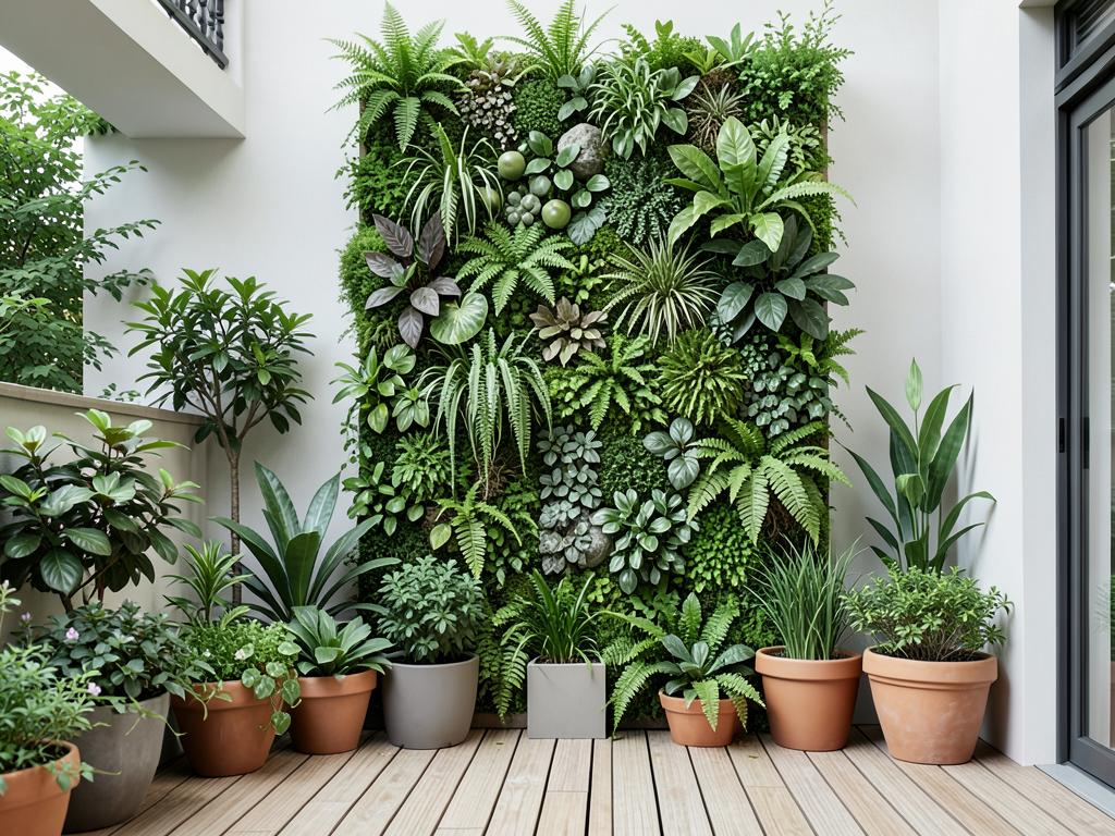 Jardín vertical con helechos y plantas de interior en un patio