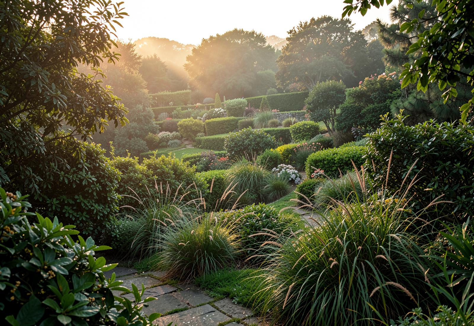 Jardín mediterráneo con olivos, piedra caliza y lámina de agua al atardecer