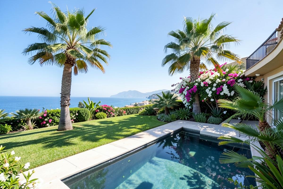 Jardín de villa en Marbella con piscina, palmeras y vistas al mar